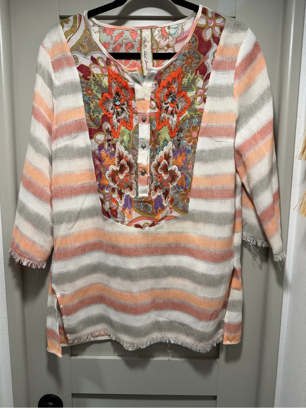 Aratta Peach and Cream Embroidered Striped Tunic - Picture 2 of 9